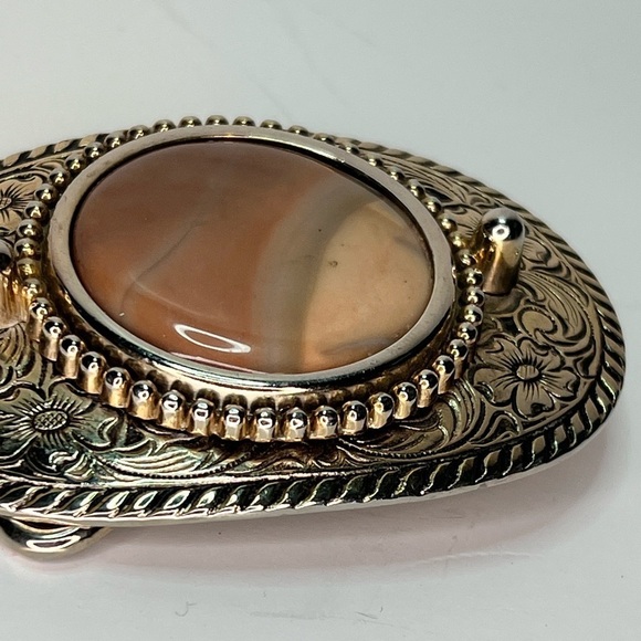 Vintage Western Stone Agate Cab Cabochon Etched Silver Gold Belt Buckle - Picture 4 of 7